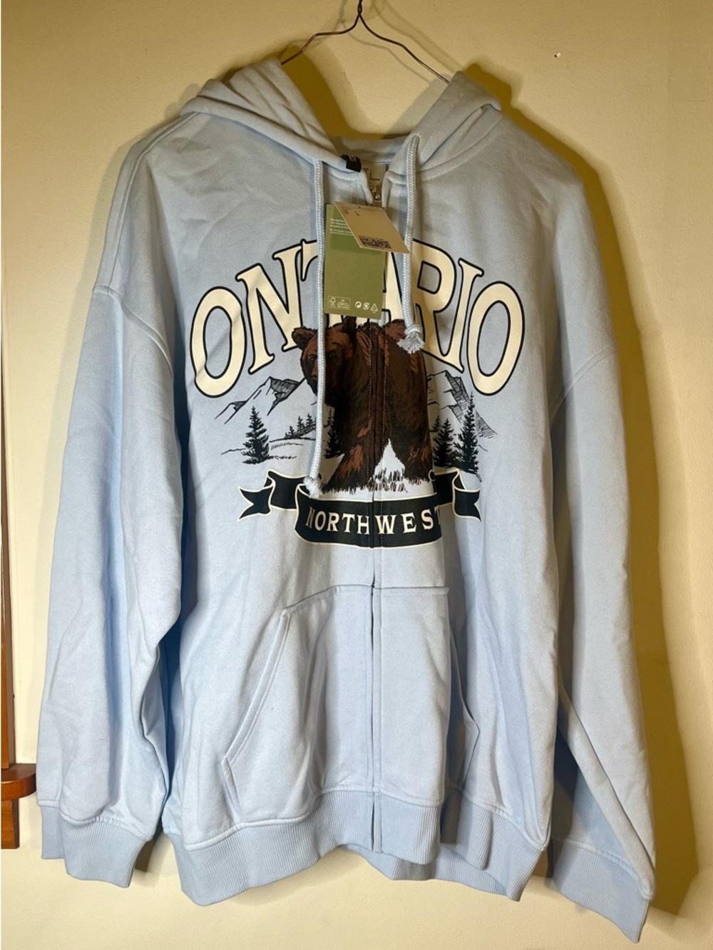 H&M Light Blue Ontario Bear Graphic Zip Hoodie Size Large NWT - Picture 4 of 5